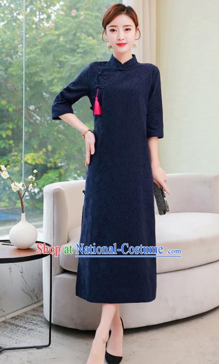 Chinese Traditional Compere Navy Cotton Cheongsam Costume China National Qipao Dress for Women