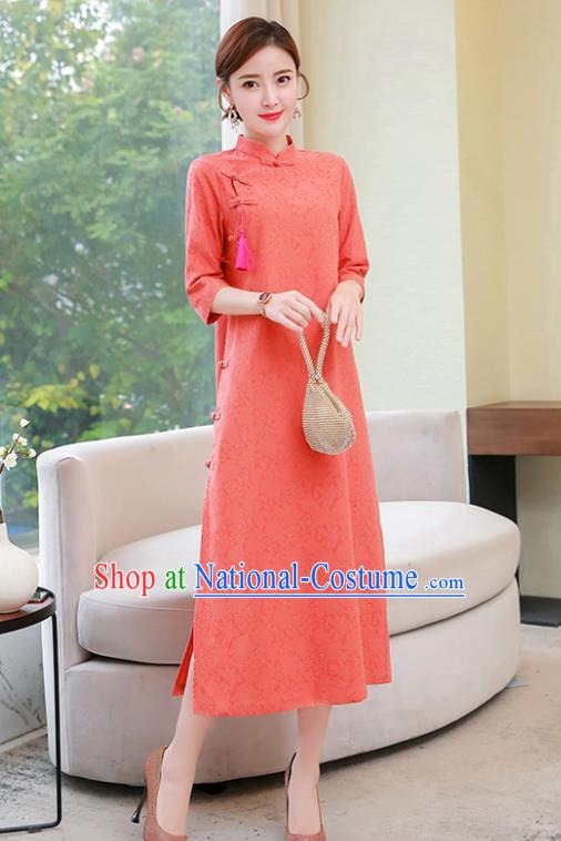 Chinese Traditional Compere Orange Cotton Cheongsam Costume China National Qipao Dress for Women