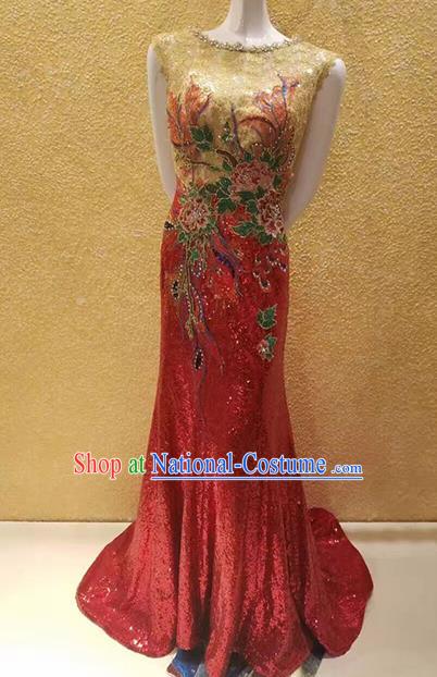 Custom Compere Embroidered Paillette Red Full Dress Wedding Bride Costumes Top Grade Bridal Gown for Women