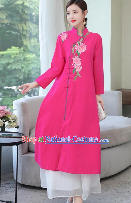 Chinese Traditional Embroidered Rosy Cotton Slubbed Cheongsam Costume China National Qipao Dress for Women