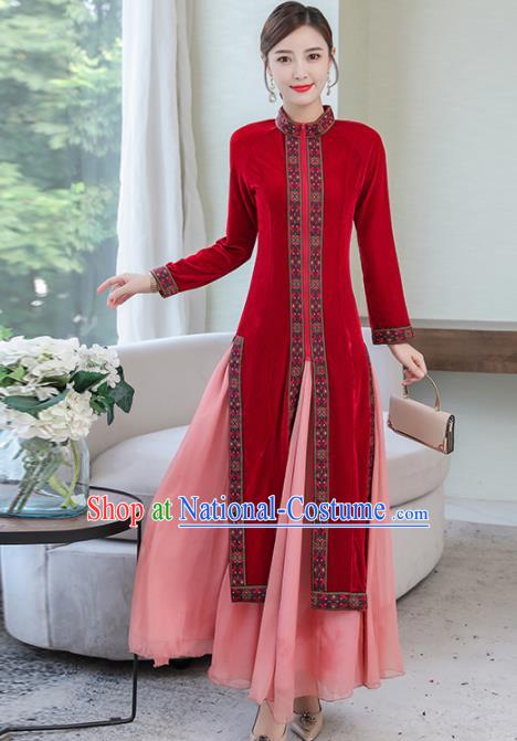 Chinese Traditional Red Velvet Cheongsam Costume China National Qipao Dress for Women