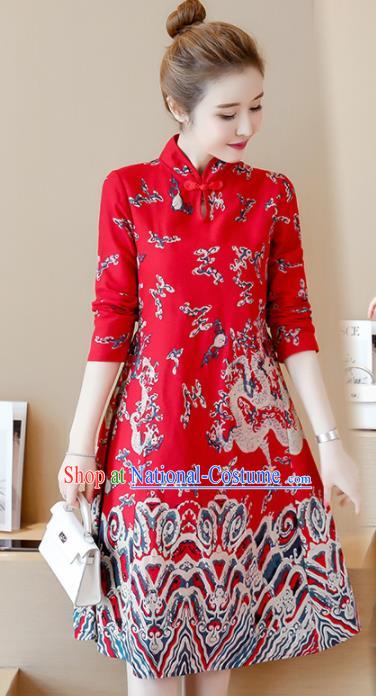 Chinese Traditional Printing Dragon Red Cheongsam Costume China National Qipao Dress for Women