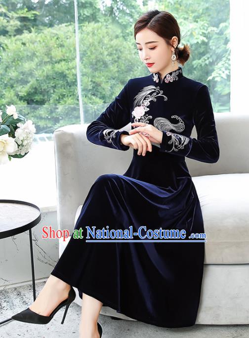 Chinese Traditional Embroidered Navy Velvet Cheongsam Costume China National Qipao Dress for Women