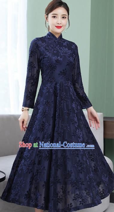 Chinese Traditional Embroidered Navy Mother Cheongsam Costume China National Qipao Dress for Women