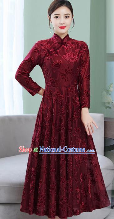 Chinese Traditional Embroidered Wine Red Mother Cheongsam Costume China National Qipao Dress for Women