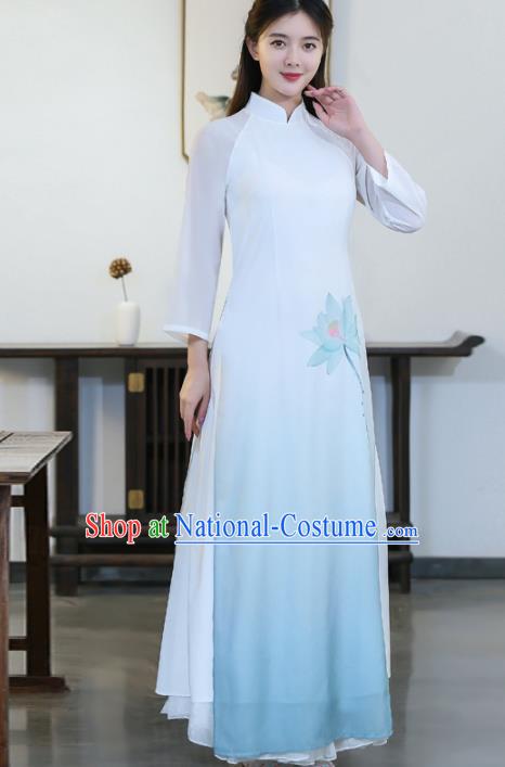 Chinese Traditional Printing Lotus Light Blue Cheongsam Costume China National Qipao Dress for Women