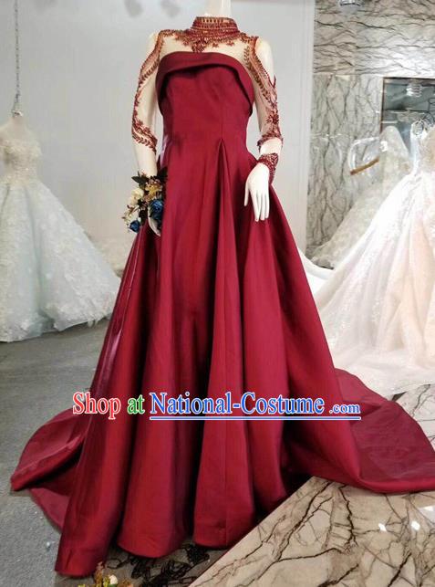 Custom Compere Wine Red Full Dress Wedding Bride Costumes Top Grade Bridal Gown for Women