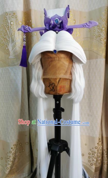 Custom Chinese Cosplay Swordsman White Wigs Ancient Taoist Hair Chignon and Accessories for Men