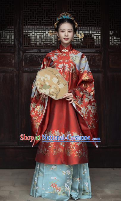 Chinese Ancient Royal Empress Embroidered Red Gown and Skirt Traditional Ming Dynasty Wedding Costumes for Women