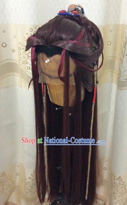 Custom Chinese Cosplay Young Man Brown Wigs Ancient Swordsman Hair Chignon and Accessories for Men