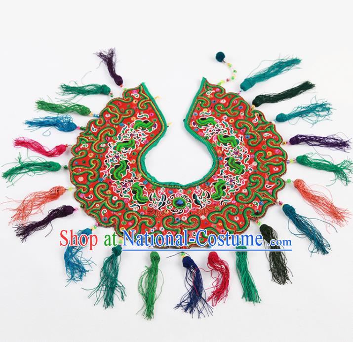 Chinese Traditional Dong Nationality Tassel Red Embroidered Shoulder Accessories Ethnic Embroidery Collar Craft