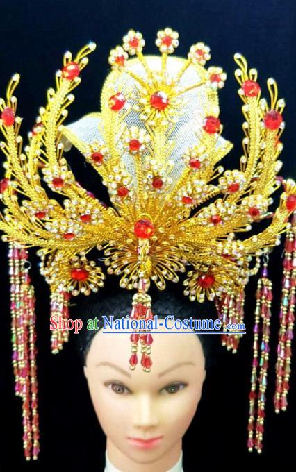 Chinese Traditional Peking Opera Queen Golden Phoenix Coronet Hairpins Handmade Beijing Opera Diva Hair Accessories for Women