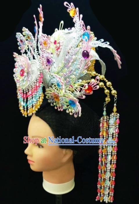 Chinese Traditional Peking Opera Queen Blue Phoenix Coronet Hairpins Handmade Beijing Opera Diva Hair Accessories for Women