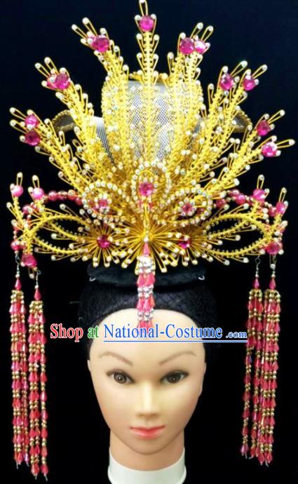 Chinese Traditional Peking Opera Queen Rosy Crystal Phoenix Coronet Hairpins Handmade Beijing Opera Diva Hair Accessories for Women