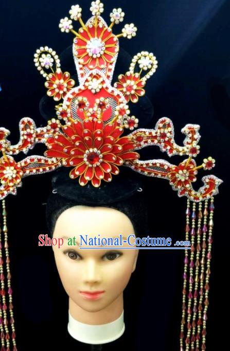 Chinese Traditional Peking Opera Queen Red Lotus Phoenix Coronet Hairpins Handmade Beijing Opera Diva Hair Accessories for Women