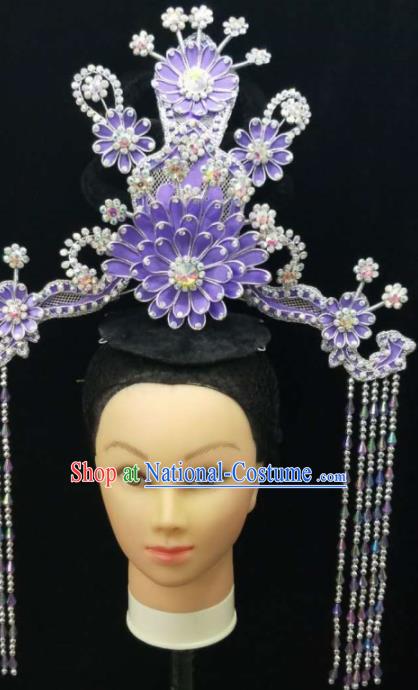 Chinese Traditional Peking Opera Queen Purple Lotus Phoenix Coronet Hairpins Handmade Beijing Opera Diva Hair Accessories for Women