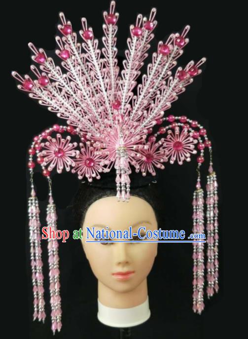 Chinese Traditional Peking Opera Queen Pink Phoenix Crown Hairpins Handmade Beijing Opera Diva Hair Accessories for Women