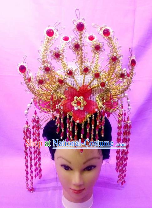 Chinese Traditional Peking Opera Princess Red Flower Phoenix Crown Hairpins Handmade Beijing Opera Diva Hair Accessories for Women