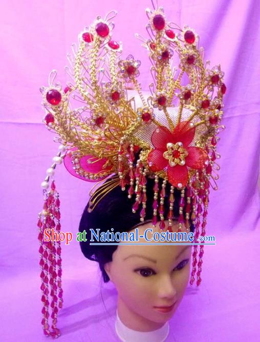 Chinese Traditional Peking Opera Princess Red Flower Phoenix Crown Hairpins Handmade Beijing Opera Diva Hair Accessories for Women