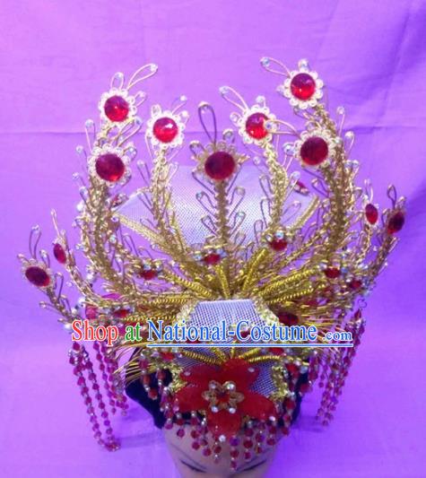 Chinese Traditional Peking Opera Princess Red Flower Phoenix Crown Hairpins Handmade Beijing Opera Diva Hair Accessories for Women