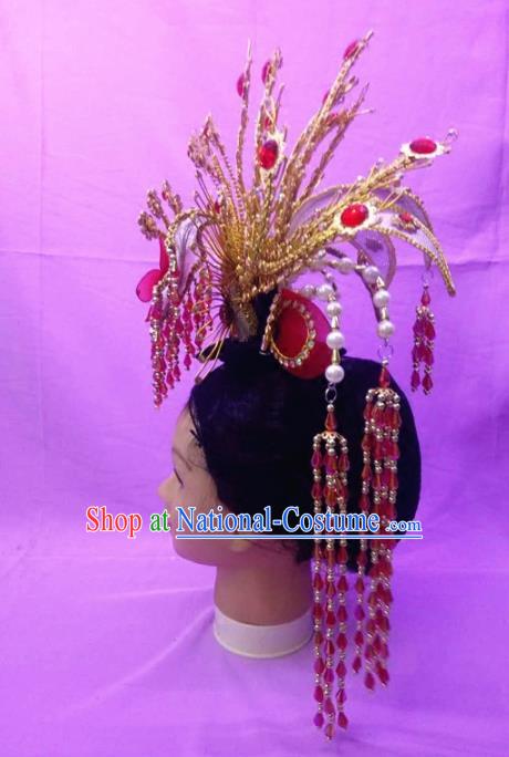 Chinese Traditional Peking Opera Princess Red Flower Phoenix Crown Hairpins Handmade Beijing Opera Diva Hair Accessories for Women