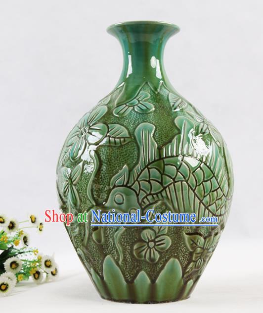 Chinese Traditional Handmade Green Carving Pottery Vase Craft