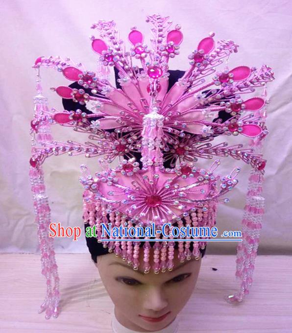 Chinese Traditional Peking Opera Pink Hairpins Phoenix Coronet Handmade Beijing Opera Diva Hair Accessories for Women