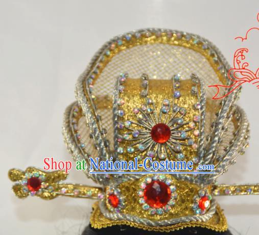 Chinese Traditional Peking Opera Scholar Golden Hairpin Hair Crown Handmade Ancient Royal Prince Headwear for Men