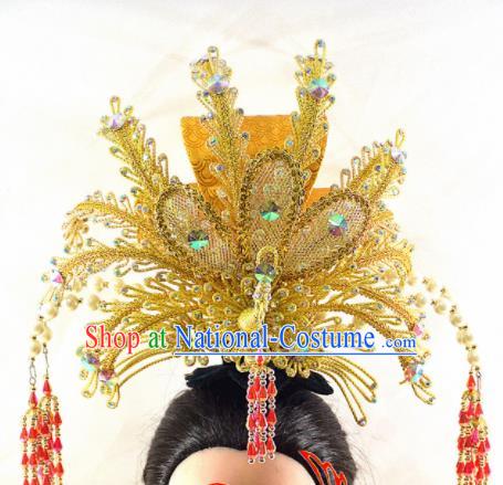 Chinese Traditional Peking Opera Princess Golden Phoenix Crown Handmade Ancient Court Lady Hair Accessories for Women