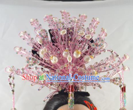 Chinese Traditional Peking Opera Princess Pink Phoenix Crown Handmade Ancient Court Lady Hair Accessories for Women