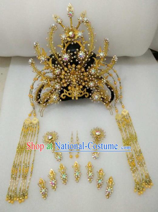 Chinese Traditional Peking Opera Golden Hairpins Phoenix Coronet Handmade Beijing Opera Diva Hair Accessories for Women