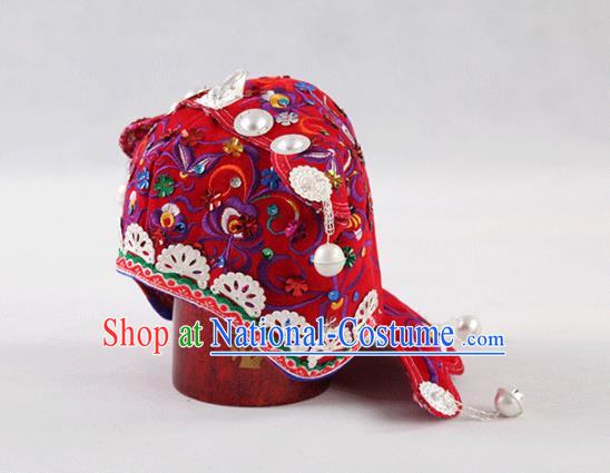 Chinese Traditional Yi Nationality Embroidered Red Hat Handmade Ethnic Hair Accessories for Kids