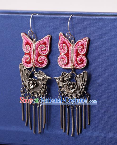 Chinese Traditional Miao Nationality Embroidered Pink Butterfly Silver Earrings Handmade Ethnic Ear Accessories for Women