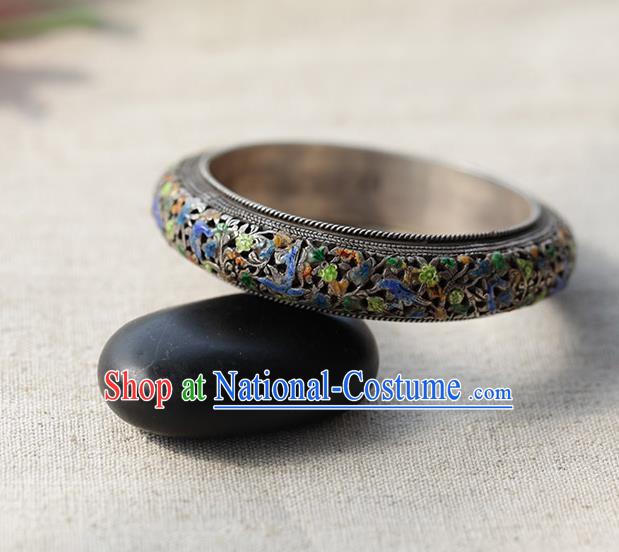 Chinese Traditional Miao Nationality Silver Carving Bracelet Handmade Ethnic Cloisonne Accessories for Women