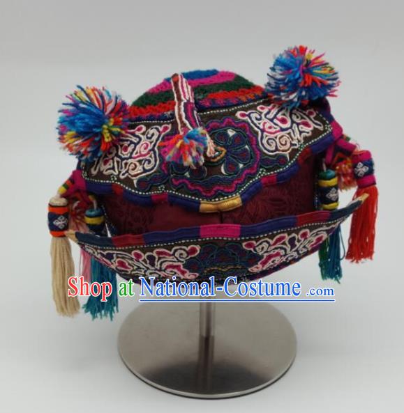 Chinese Traditional Miao Nationality Embroidered Red Hat Handmade Ethnic Hair Accessories for Kids