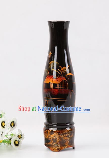 Chinese Traditional Handmade Printing Black Lacquerware Vase Craft