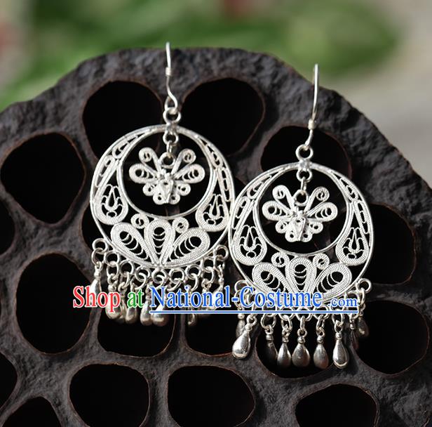 Chinese Traditional Miao Nationality Butterfly Earrings Handmade Ethnic Silver Ear Accessories for Women