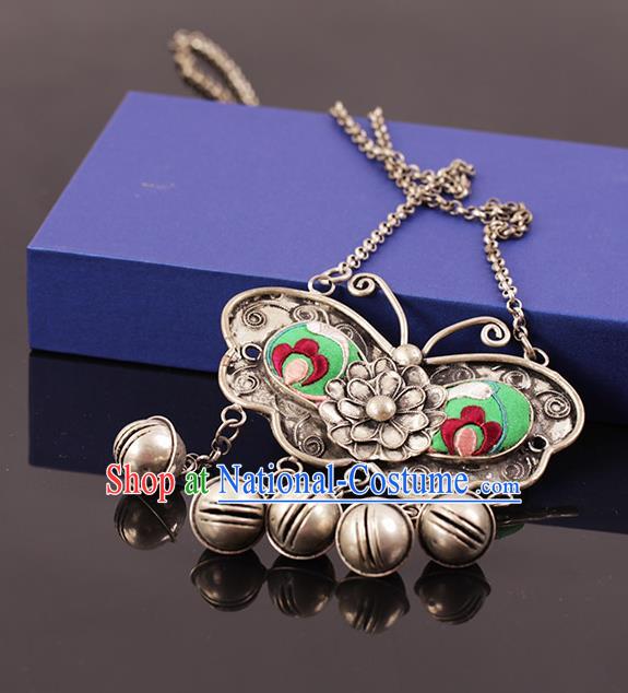 Chinese Traditional Miao Nationality Green Butterfly Necklace Handmade Ethnic Silver Necklet Accessories for Women