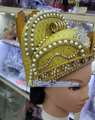 Chinese Traditional Peking Opera Golden Hat Handmade Ancient Emperor Headwear for Men