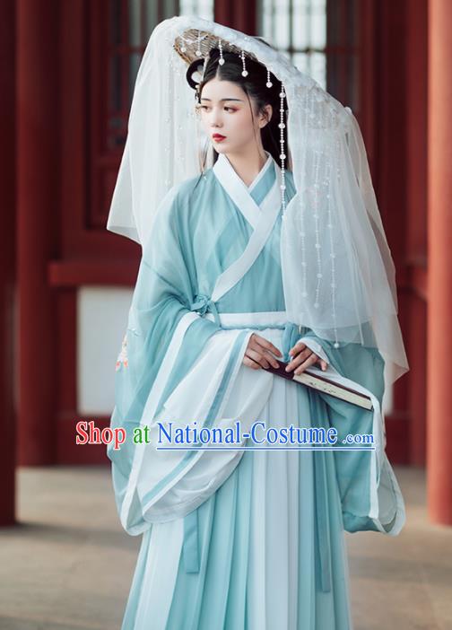 Chinese Ancient Female Swordsman Embroidered Green Hanfu Dress Traditional Jin Dynasty Nobility Lady Costumes for Women