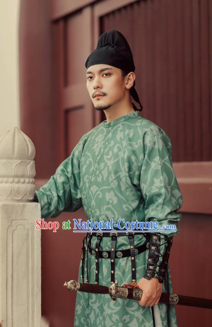 Chinese Ancient Drama Chivalry Swordsman Green Robe Traditional Tang Dynasty Imperial Bodyguard Costumes for Men