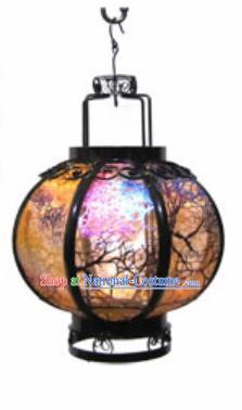 Chinese Classical Orange Gauze Round Palace Lantern Traditional Handmade Ironwork Ceiling Lamp