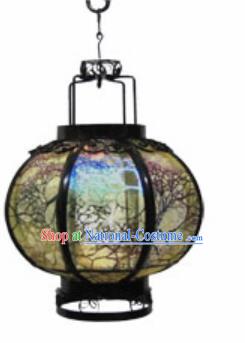 Chinese Classical Olive Green Gauze Round Palace Lantern Traditional Handmade Ironwork Ceiling Lamp