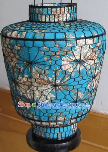 Chinese Outdoor Classical Printing Flower Blue Palace Lantern Traditional Handmade Ironwork Ceiling Lamp