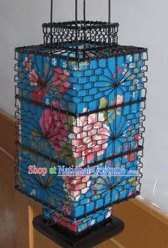 Chinese Outdoor Classical Printing Peony Blue Quadrate Palace Lantern Traditional Handmade Ironwork Ceiling Lamp