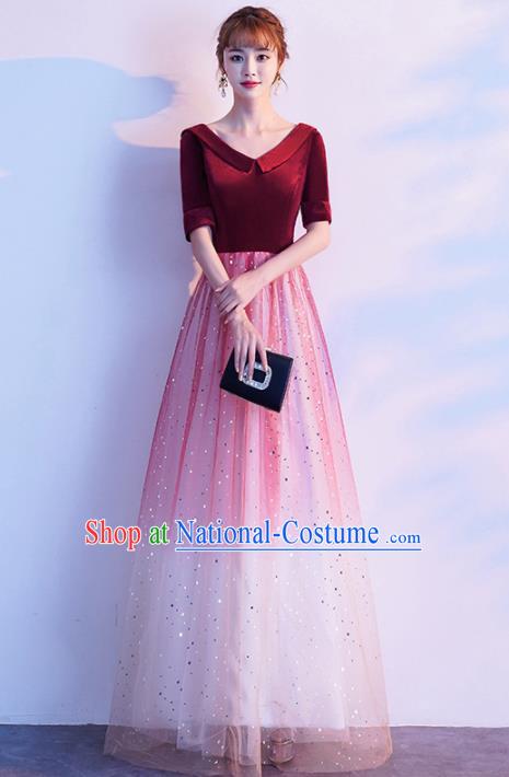 Top Grade Compere Wine Red Full Dress Annual Gala Stage Show Chorus Costume for Women