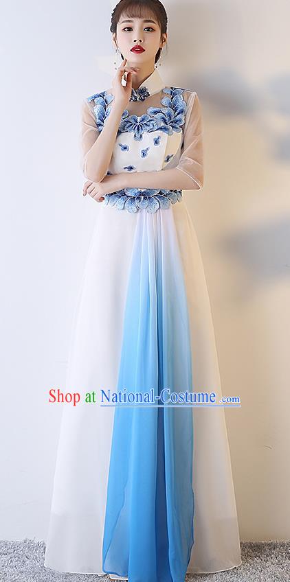 Top Grade Compere Embroidered White Full Dress Annual Gala Stage Show Chorus Costume for Women