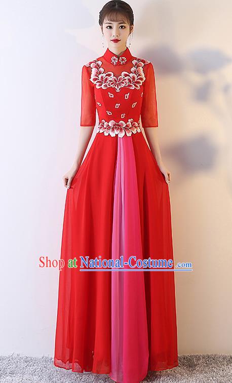 Top Grade Compere Embroidered Red Full Dress Annual Gala Stage Show Chorus Costume for Women