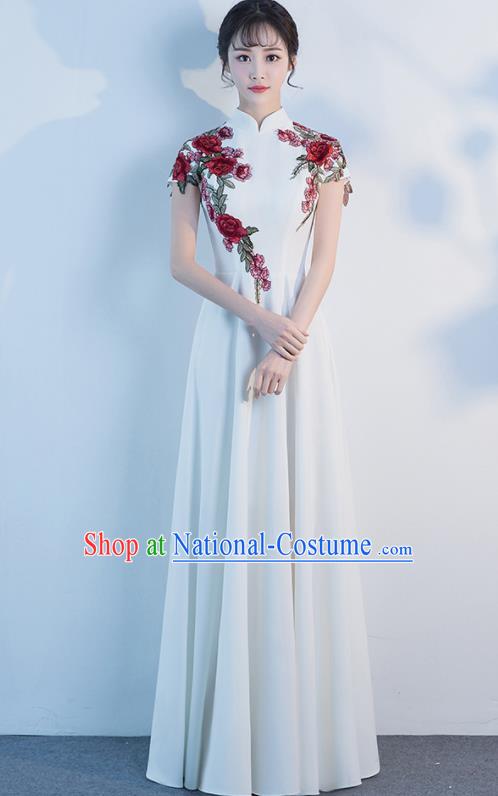 Top Grade Compere Embroidered Roses White Full Dress Annual Gala Stage Show Chorus Costume for Women