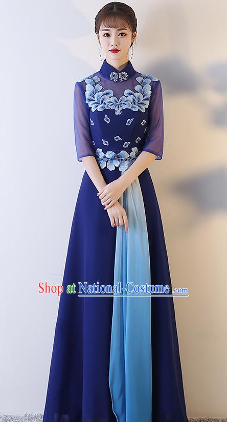 Top Grade Compere Embroidered Royalblue Full Dress Annual Gala Stage Show Chorus Costume for Women